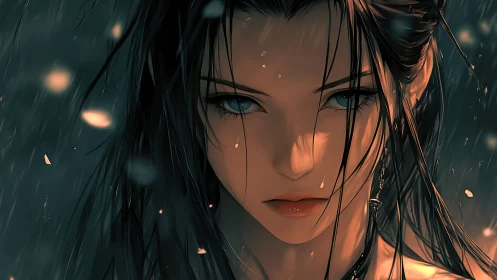 Stormlit warrior gazes forward as rain and embers fall.