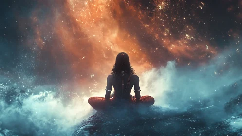 Cosmic meditator rests calmly beneath a glowing starfield sky