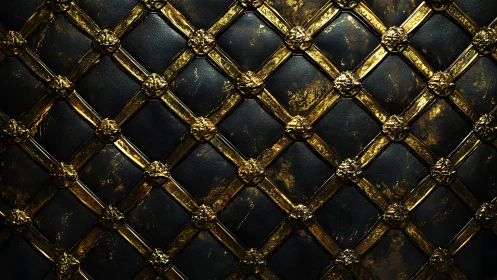 Gold lattice relief grid overlays distressed black leather padding