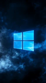 Glowing blue window symbol centered in a dark nebulous field