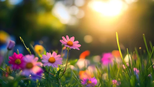 Golden Hour Wildflower Meadow with Bokeh Depth