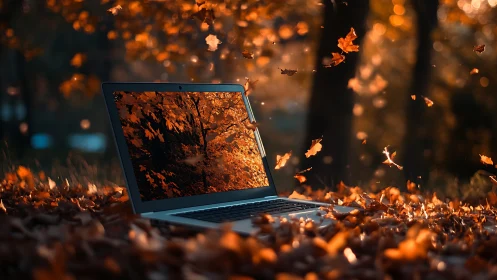 Laptop glows amid swirling autumn leaves in forest light.