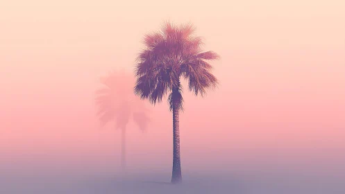 Soft sunrise palm tree stands calmly in dreamy coastal haze