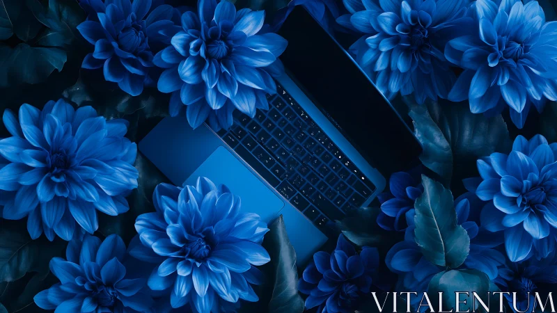 Laptop keyboard surrounded by dense blue dahlia flowers