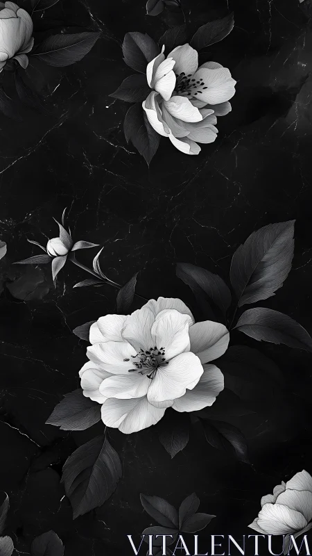 Moonlit peonies drift across inky marble nightfall bloom.