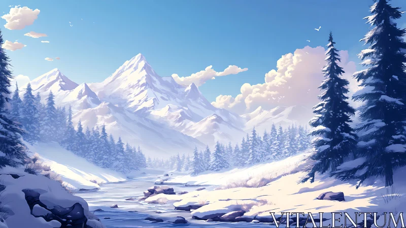 Sunlit alpine river cuts through snow-laden conifer valley