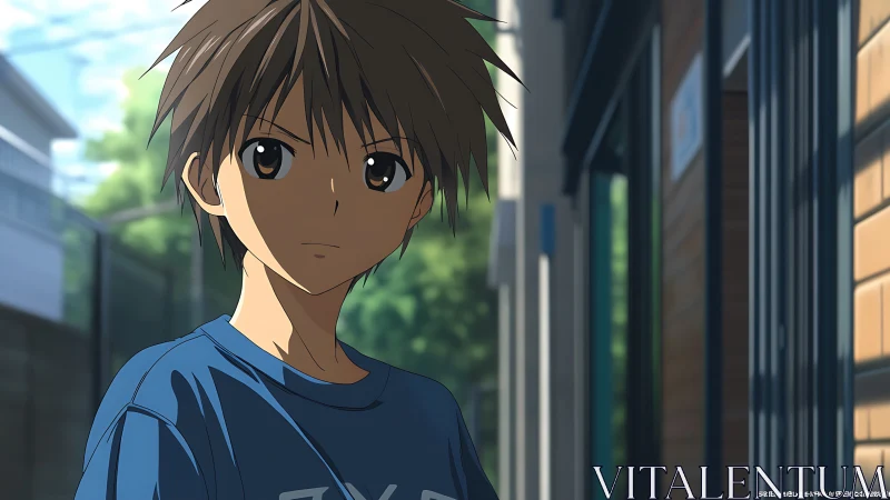 Animated boy stands in shaded urban alleyway setting