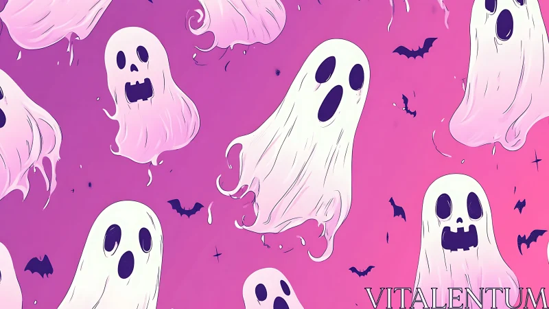 Playful pastel ghosts drift gently across a pink night sky