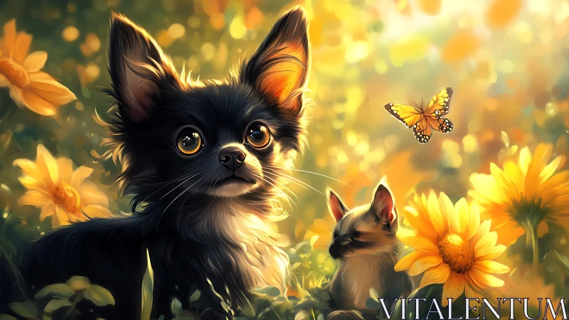 Sunlit chihuahua guardians listen closely to a drifting butterfly