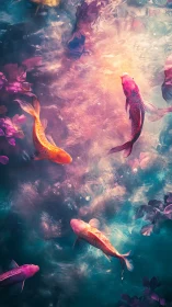 Dreamy koi fish drift gently through glowing pastel water
