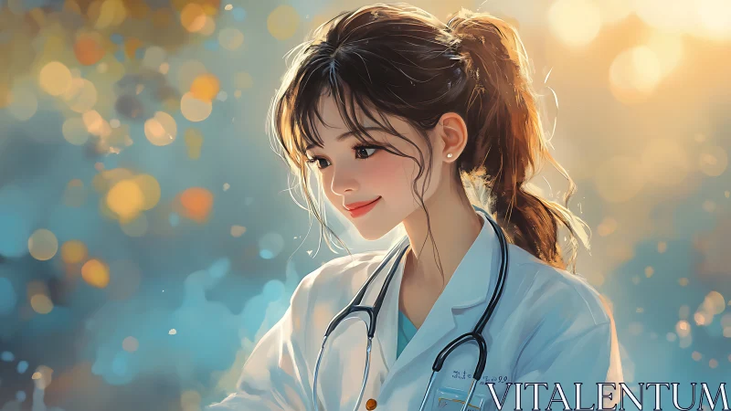 Daydreaming healer glows under soft golden hospital lights.