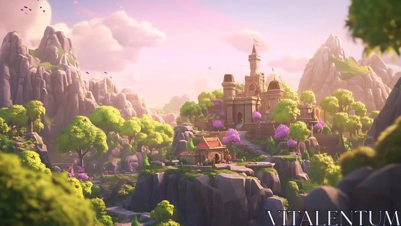 Fantasy castle surrounded by rocky cliffs and blooming trees