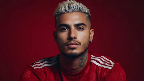 Platinum‑topped football rebel in crimson studio calm.