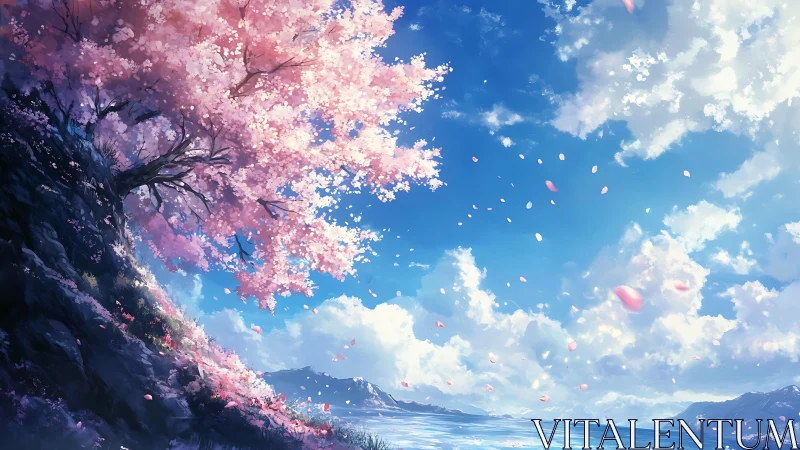 Cherry blossom tree on coastal cliff with drifting petals