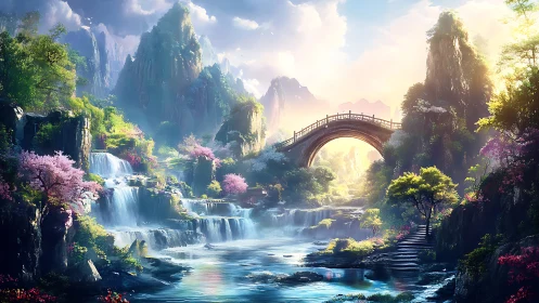 Sunlit stone bridge arches over serene fantasy waterfalls