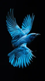 Electric blue songbird in mid-flight against deep black field.