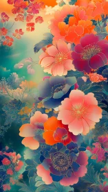 Vertical floral tapestry in luminous digital painting bloomscape.