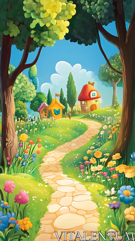 Whimsical Cottage Garden Path Through Enchanted Forest
