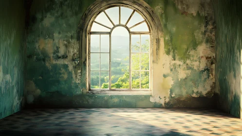 Weathered interior with arched window onto green valley.