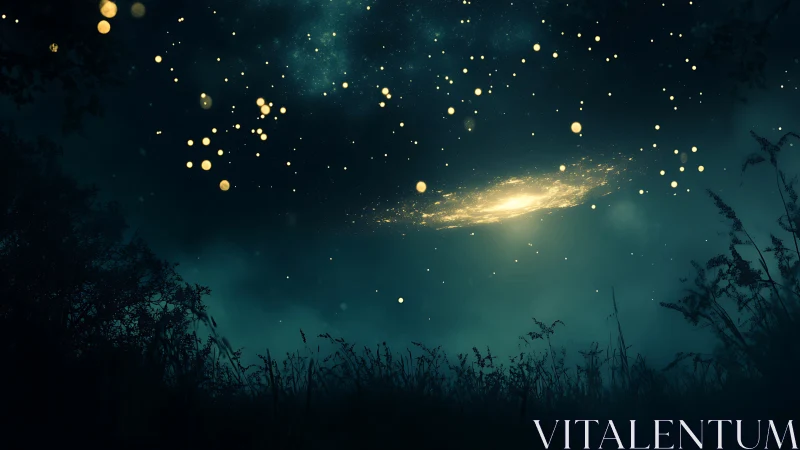 Night meadow under glowing galaxy and scattered lights.