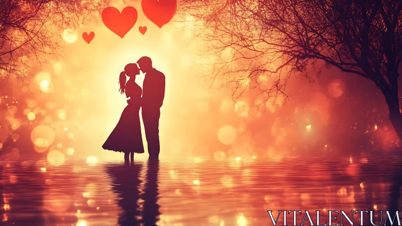 Silhouetted Couple Kissing in Bokeh-Saturated Golden Luminescence.