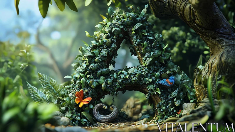 Alphabetic topiary A form with dense foliage, butterfly and bird