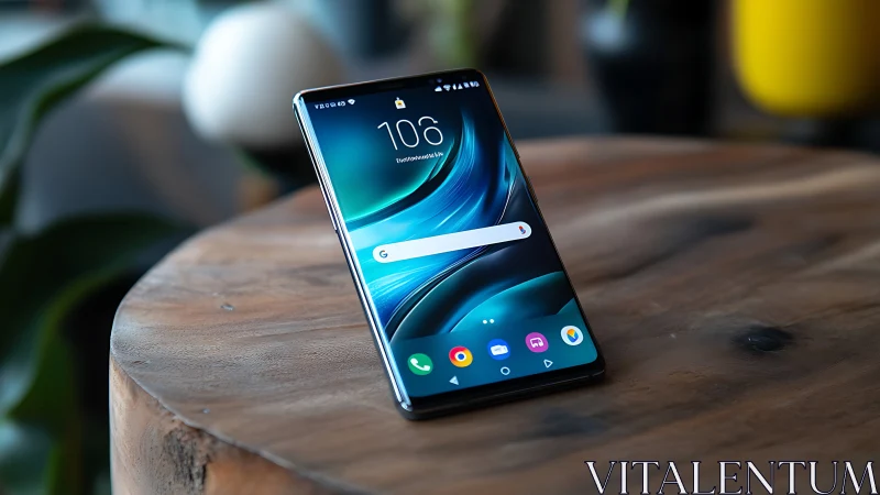 Android smartphone on wooden surface displaying time and apps