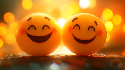 Bokeh-illuminated twin emoji spheres with high-gloss surfaces.