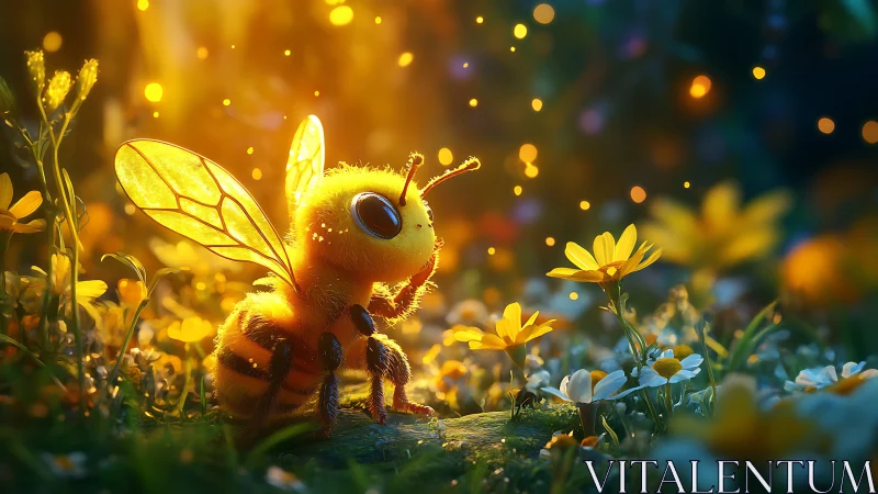 Sunlit fuzzbee daydreaming in a meadow of tiny suns.