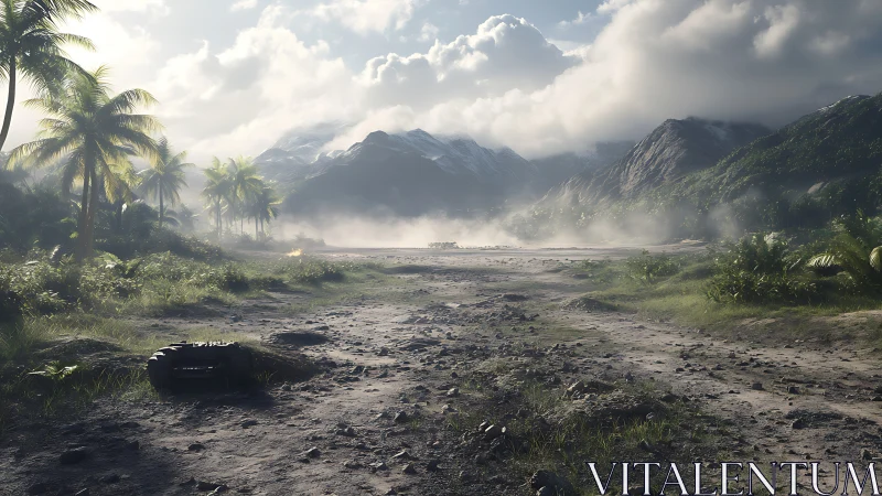 Volcanic Valley at Dawn: Misty Mountain Landscape