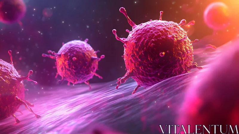 Close-up digital illustration of viruses in vibrant colors.