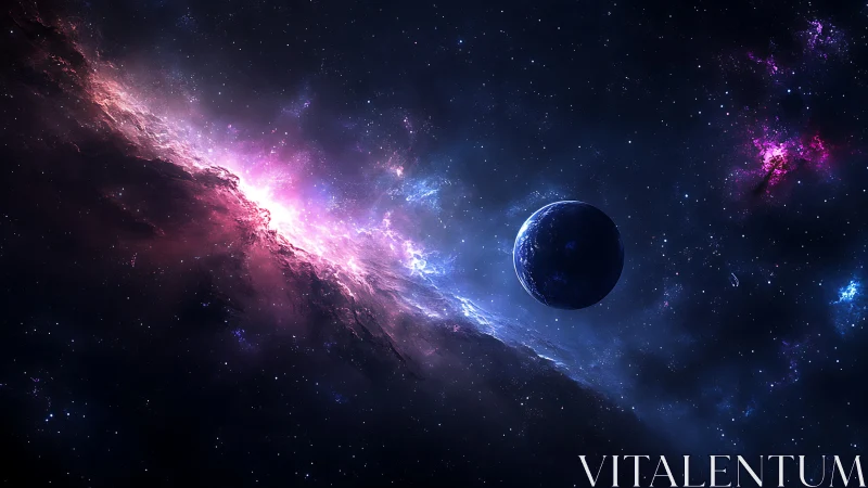 Planetary silhouette intersects radiant magenta-blue nebula