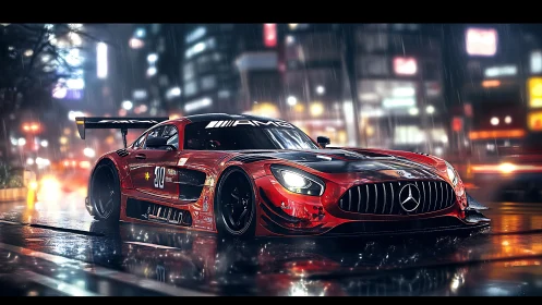 Mercedes GT3 race car in neon-lit rainy city street scene.