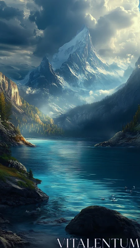 Majestic snow peak rises above a calm turquoise mountain lake