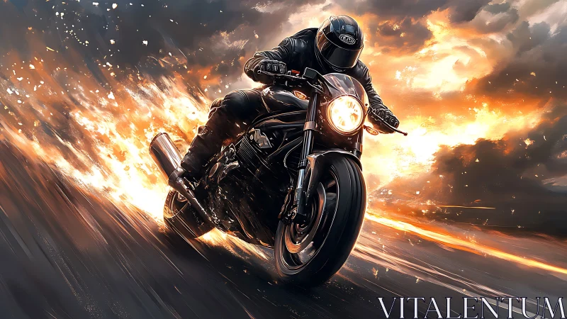 Dynamic digital painting of motorcycle rider in fiery motion.
