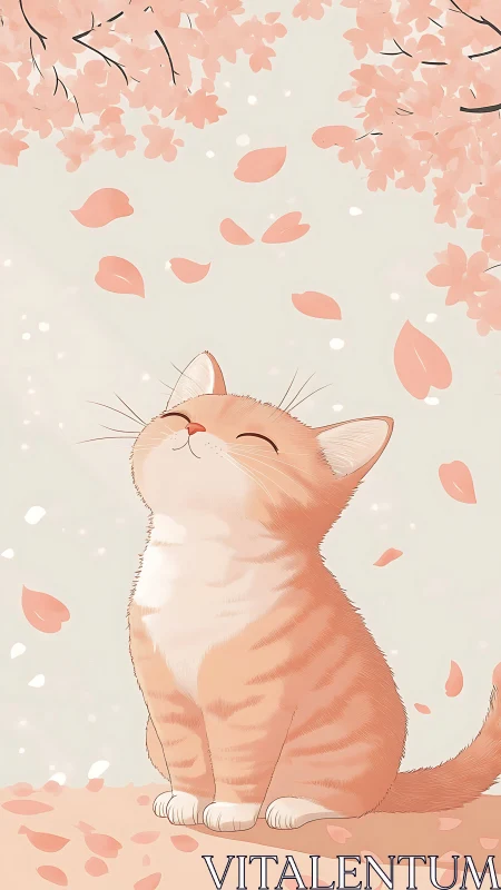 Orange tabby cat looking upward surrounded by falling cherry blossoms