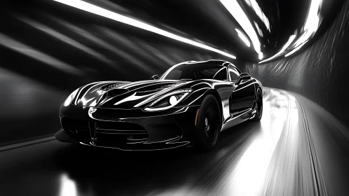Black sports car racing through futuristic tunnel at speed.