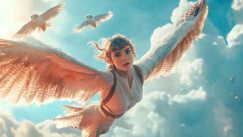 Winged woman gliding through bright clouds in flight.