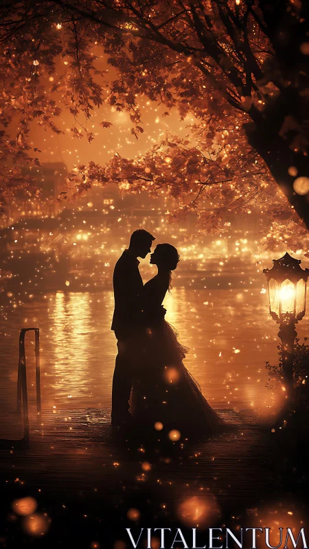 Silhouetted couple embracing on illuminated waterfront promenade.