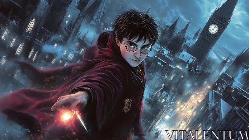 Young wizard casting magic above misty nocturnal cityscape.