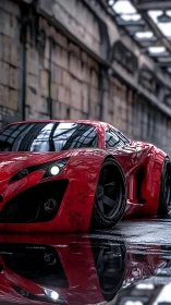 Red supercar glides through wet industrial tunnel street.