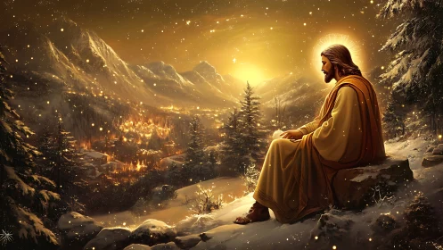 Snowlit savior watching a golden valley cradle its dreams.