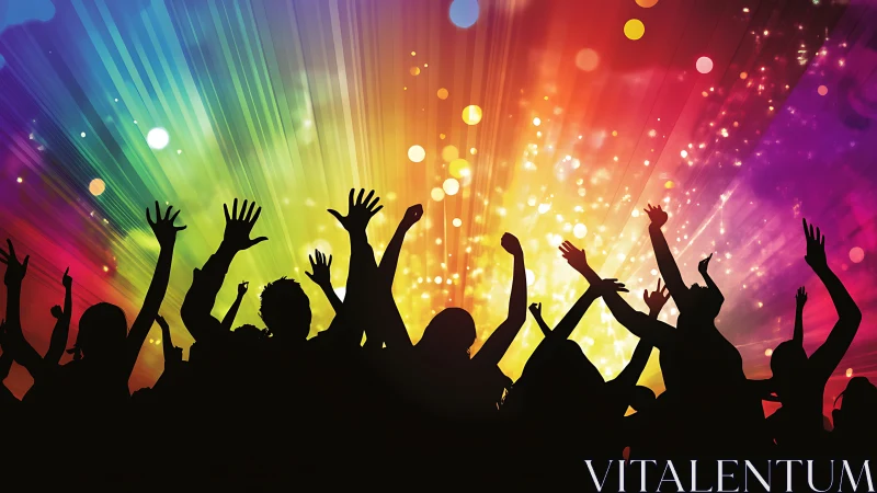 Crowd silhouettes dancing under bright colorful light show.