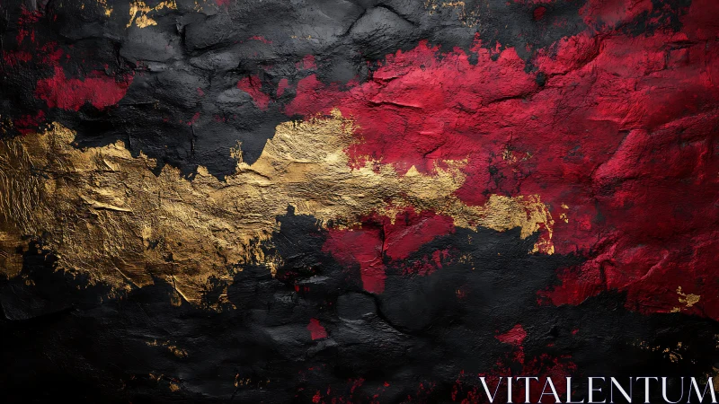Abstract textured wall art in gold, red, and black paint strokes.