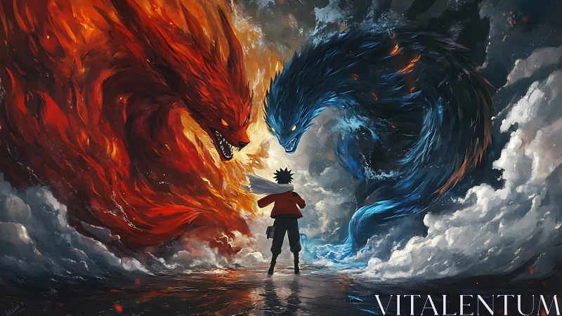 Young hero stands between roaring fire and water spirits.