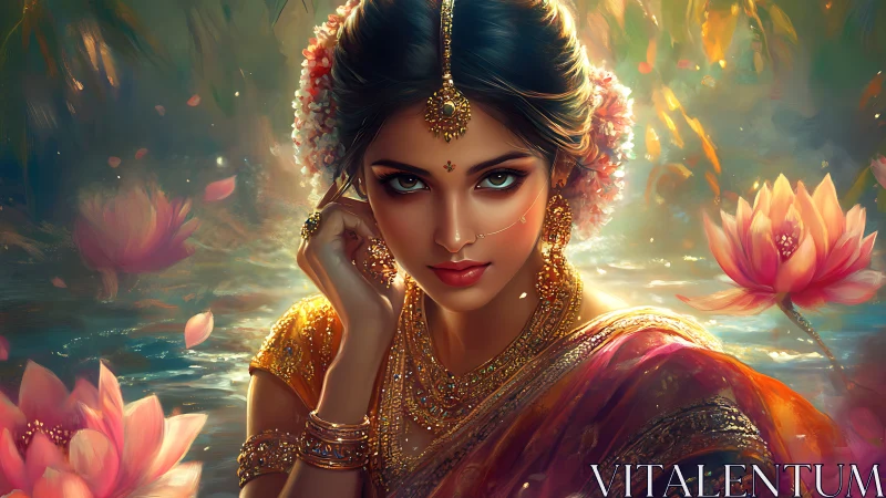 Digital portrait shows woman in sari amid stylized lotus pond