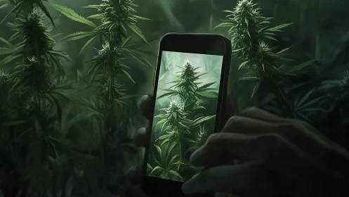 Cannabis plant glows in smartphone closeup, dark forest