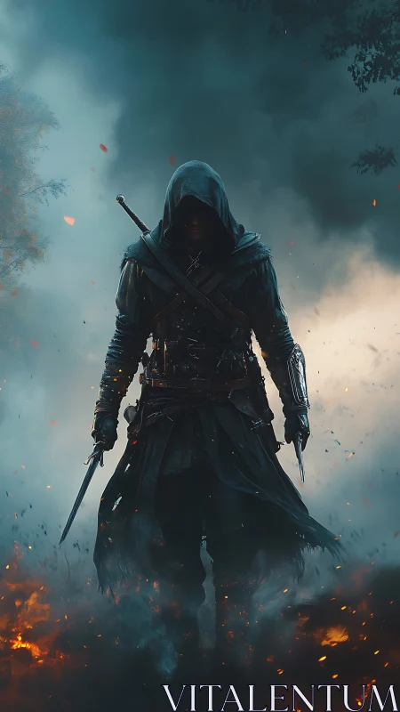 Shadowblade wanderer strides through embers and storm.