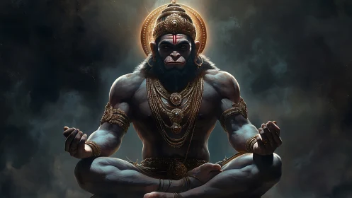 Divine warrior monkey deity in meditation with glowing halo.
