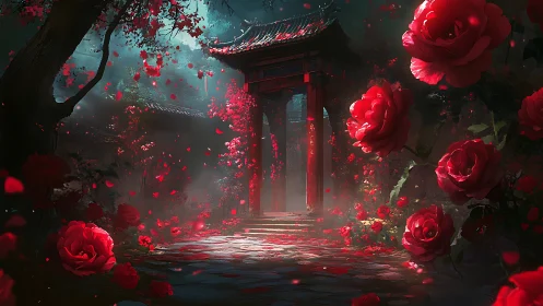 Enchanted red garden gate wrapped in drifting rose petals.